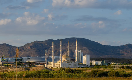 Majestic mosque in Nicosia, Cyprus. Modern architecture, religious building and urban landscape.の写真素材