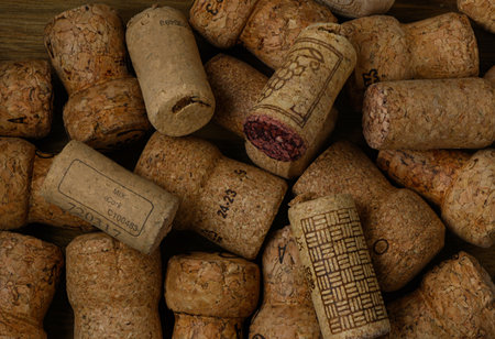 Natural wine and champagne corks arranged as a background. Eco-friendly material, sustainable design concept, close-up textureの写真素材