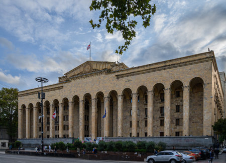 Parliament Building of Georgia on Rustaveli Avenue in Tbilisi. Modern architecture and a symbol of national government and Georgian statehood.の写真素材