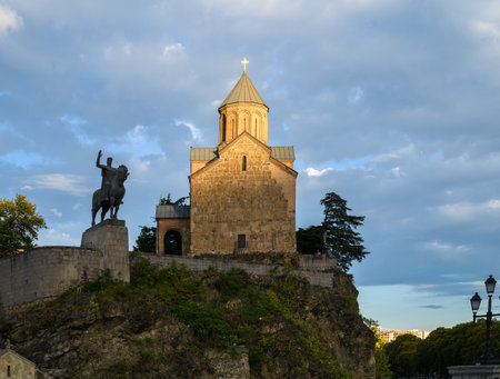 Metekhi Church of the Assumption of the Virgin in Tbilisi, Georgia. Located on a cliff above the Kura River, one of the citys most iconic landmarks.の写真素材