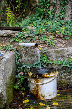 Clear mountain water flows through a metal pipe onto the street on a sunny day. A natural spring in the mountains of Georgia with fresh, pure water, stones, and greenery. Concept of freshness, ecology, and natural purity.の写真素材