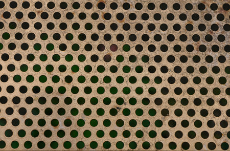 Close-up texture of a perforated metal sheet with repeating round holes, ideal for industrial, technology and mechanical themed backgrounds.の写真素材