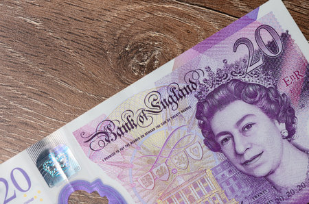 Close-up of twenty pound sterling banknote, British currency macro photo for finance and economy...
