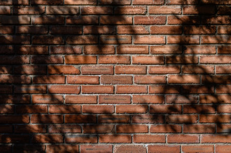 Striking shadows of tree branches on a red brick wall surface create an artistic and atmospheric...
