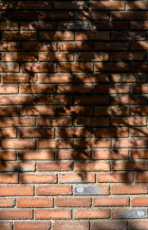 Playful shadows of trees and branches on red brick texture, creating an atmospheric and expressive...