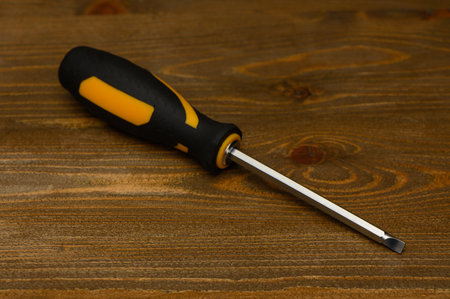 Studio shot of screwdriver with matte handle and replaceable double-sided bit cross flat on wooden...