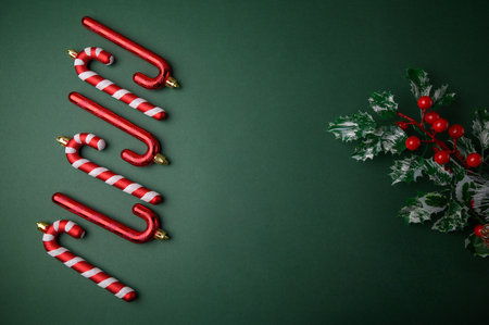 Candy Canes and Holly Branch Christmas Set on Green Backgroundの写真素材