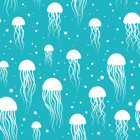 Pattern with white jellyfish on a blue background.のイラスト素材