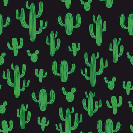 Pattern with cacti on a black background. Pattern for clothes, wrapping paper.のイラスト素材