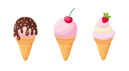 Set with different ice creams. Chocolate ice cream, cherry ice cream, strawberry ice cream.のイラスト素材