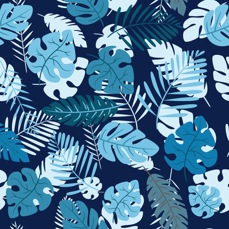 Beautiful pattern with tropical plants. Background with palm leaves in blue.のイラスト素材