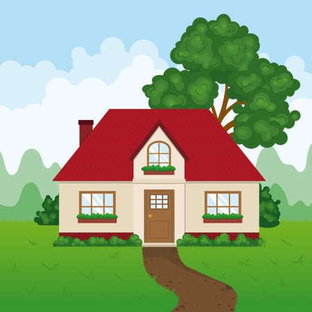 Landscape with a beautiful house, tree and bushes.のイラスト素材