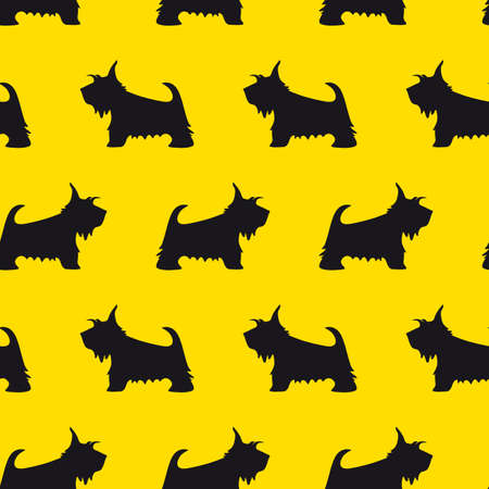 Seamless pattern with Scottish Terrier silhouette on a yellow background.のイラスト素材