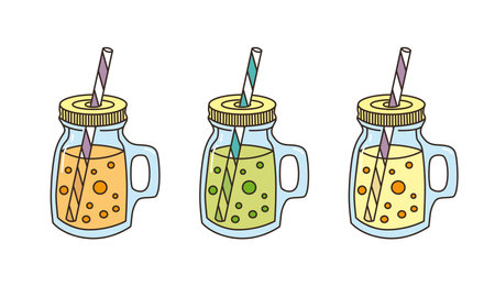 Set with different jars for smoothies with a straw. Jars of juice in doodle style.のイラスト素材