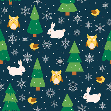 Winter background with rabbits, fir trees and birds. Christmas background with animals and trees.のイラスト素材