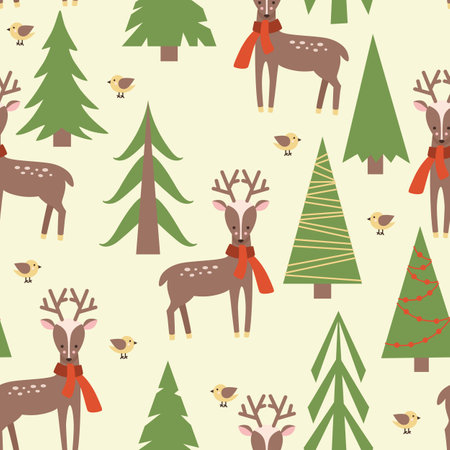 Christmas background with deers and Christmas trees. Pattern for fabric, wrapping paper, children's clothing.のイラスト素材