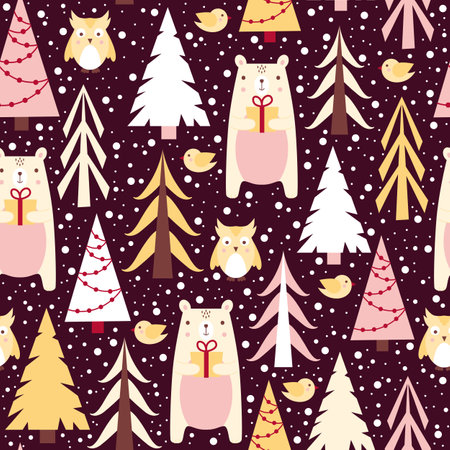 Seamless Christmas pattern with teddy bears, fir trees and birds. Pattern for packaging, textiles.のイラスト素材