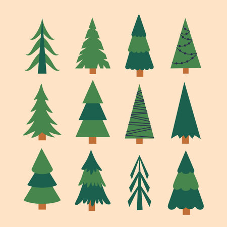 Set with different Christmas trees. Collection for postcards, wrapping paper, textiles.のイラスト素材