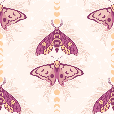 Vector pattern with night moths and moon phases. Night butterflies and zodiac constellations. Background for fabric and wrapping paper.のイラスト素材