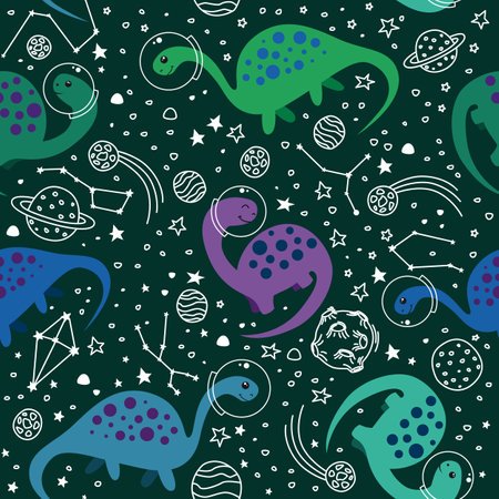 Vector pattern with dinosaurs in space. Dinosaurs astronauts for wrapping paper, fabric.のイラスト素材
