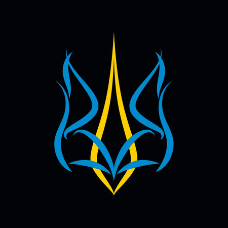 Ornamental vector drawing of the coat of arms of Ukraine. Stylized coat of arms of Ukraine in national colors. Illustration for t-shirt, stickers, posters.のイラスト素材