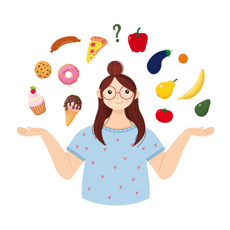 Girl in front of a choice, healthy food or fast food. Healthy food concept.のイラスト素材