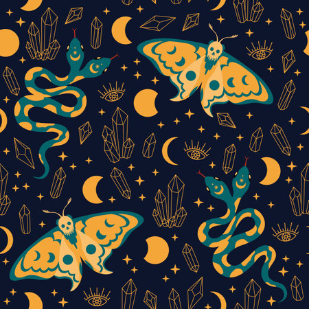 Vector pattern with a snake and a night moth. Background with crystals and moon.のイラスト素材
