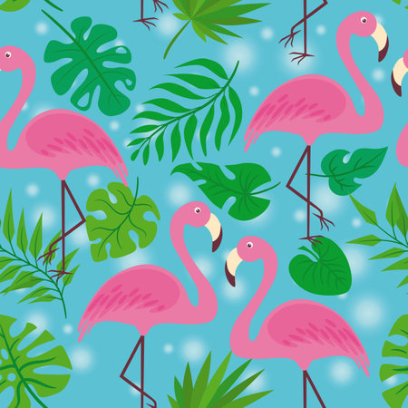 Vector pattern with flamingos and palm leaves on a blue background. Background with flamingos for fabric, wrapping paper.のイラスト素材