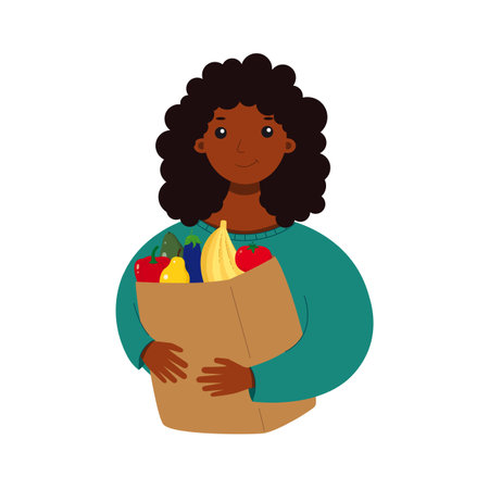 Beautiful dark girl with a package of vegetables and fruits. diet concept. healthy lifestyle.のイラスト素材