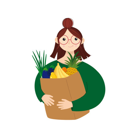 Vector illustration of a girl with a paper bag in which leat fruits and vegetables. Vegetarian girl concept. health food.のイラスト素材