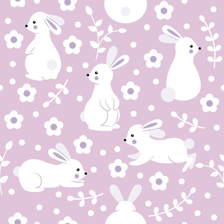 Pattern with cute rabbits on a lilac background. Background with rabbits and flowers.のイラスト素材
