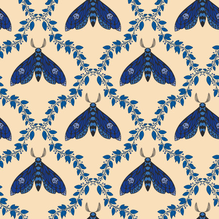 Background with a night butterfly. A pattern with a butterfly with a skull on its wings. A pattern with a butterfly and an ornament of leaves.のイラスト素材