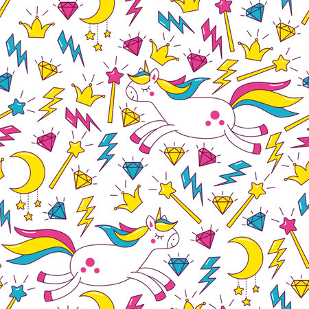 Vector pattern with pony unicorns, magic wand, crown and diamonds.のイラスト素材