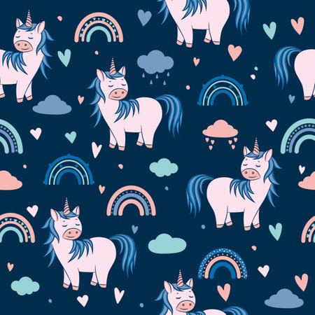 Cute unicorn with clouds and rainbows on a dark backgroundのイラスト素材
