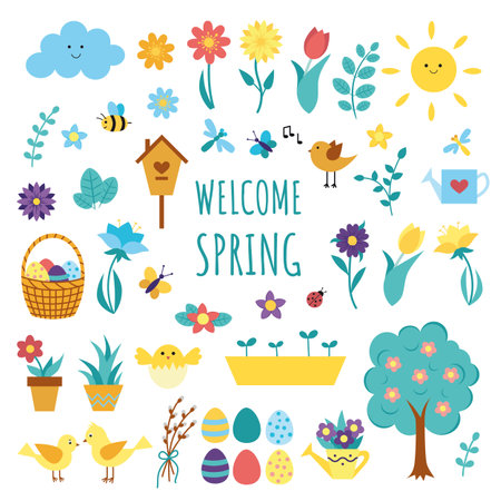 Big set of spring elements with flowers, birds.のイラスト素材