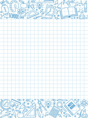 A sheet of paper with a notebook with doodle drawings of a school theme.のイラスト素材