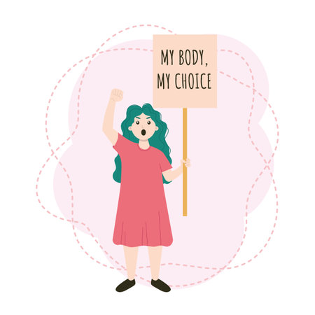 Protesting girl with a poster My body, my choice.のイラスト素材