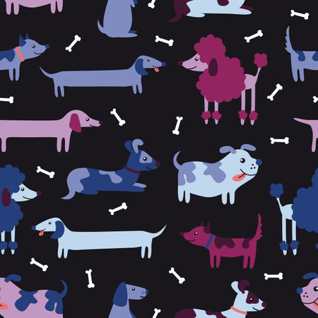 Seamless pattern with cute cartoon multicolored dogs.のイラスト素材
