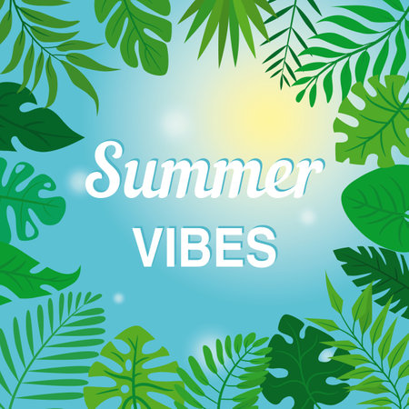 Beautiful summer background with palm leaves and the inscription Summer vibes.のイラスト素材
