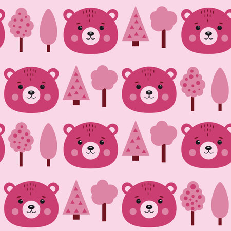 Seamless pattern with bears and trees in pink color.のイラスト素材
