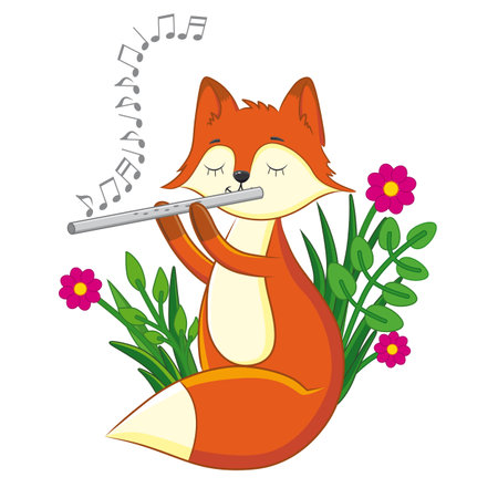 Cute fox playing a tune on the flute.のイラスト素材