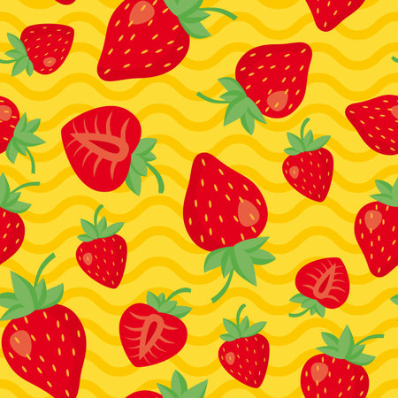 Seamless pattern with strawberries on a yellow background with waves.のイラスト素材