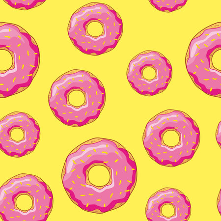 Seamless background with donuts with pink glaze on yellow background.のイラスト素材