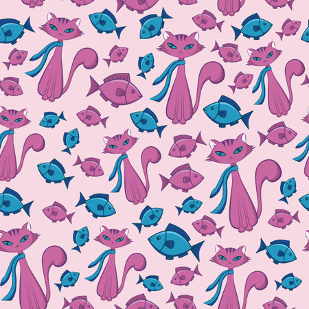 Seamless childish pattern with cat and fish.のイラスト素材