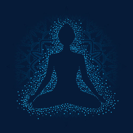 Girl in lotus position on blue background with mandala.のイラスト素材
