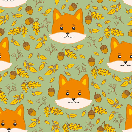 vector seamless pattern with fox and leaf.のイラスト素材