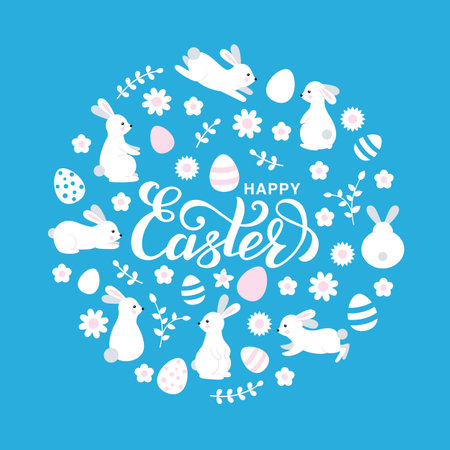 Easter greeting card with bunnies, eggs and flowers. Easter composition with rabbits.のイラスト素材