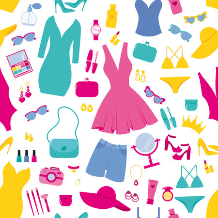 Vector pattern with women's clothing, cosmetics and jewelry. Pattern with pink accessories, dresses.のイラスト素材