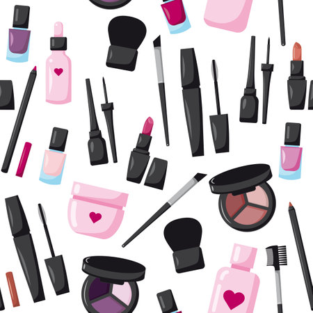 Pattern with cosmetics. Pattern with lipstick, nail polish, mascara, eye shadow, eyeliner. background for the beauty industry.のイラスト素材