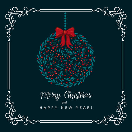 Modern Christmas card with frame and ball. Christmas tree toy with a bow. Ball with floral ornament.のイラスト素材